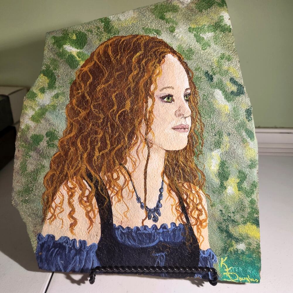Renaissance Girl Original Painting on Flagstone with Stand, by Kristen Douglas